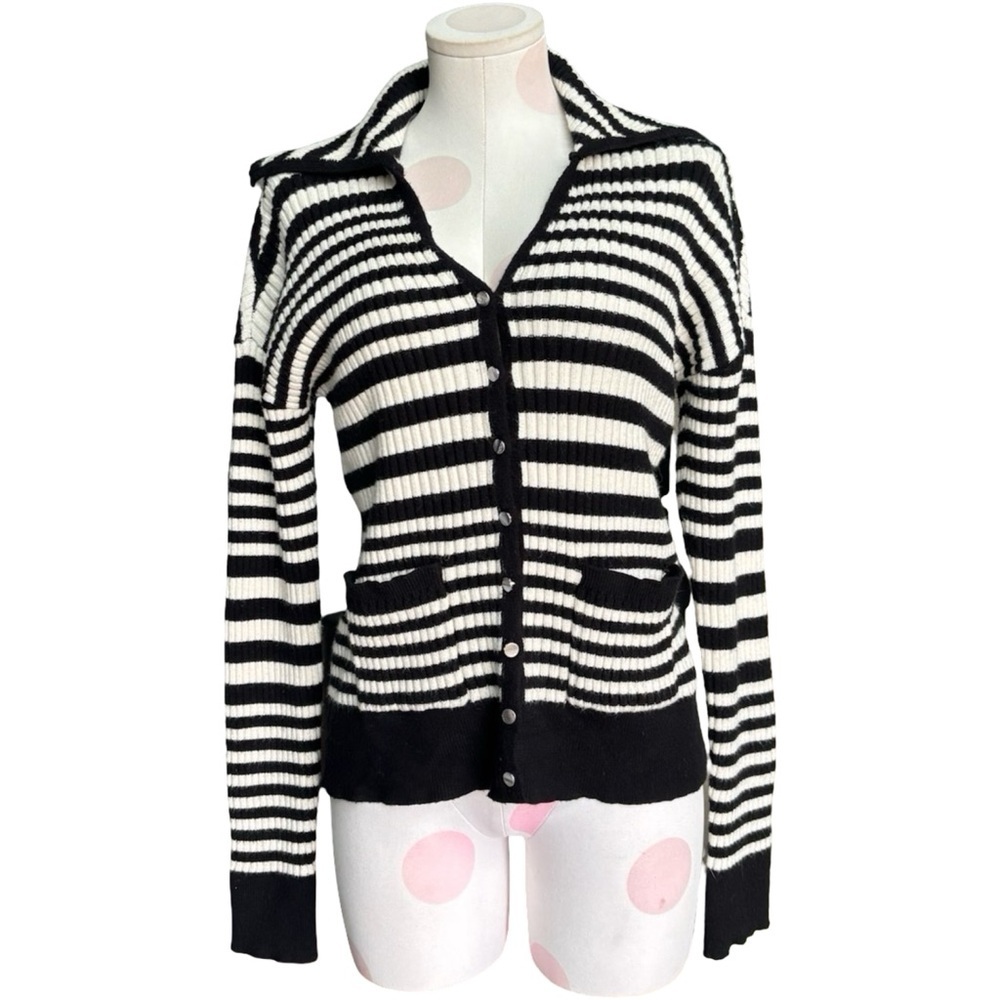 Bagatelle black and white striped long sleeve cardigan with silver buttons -LG